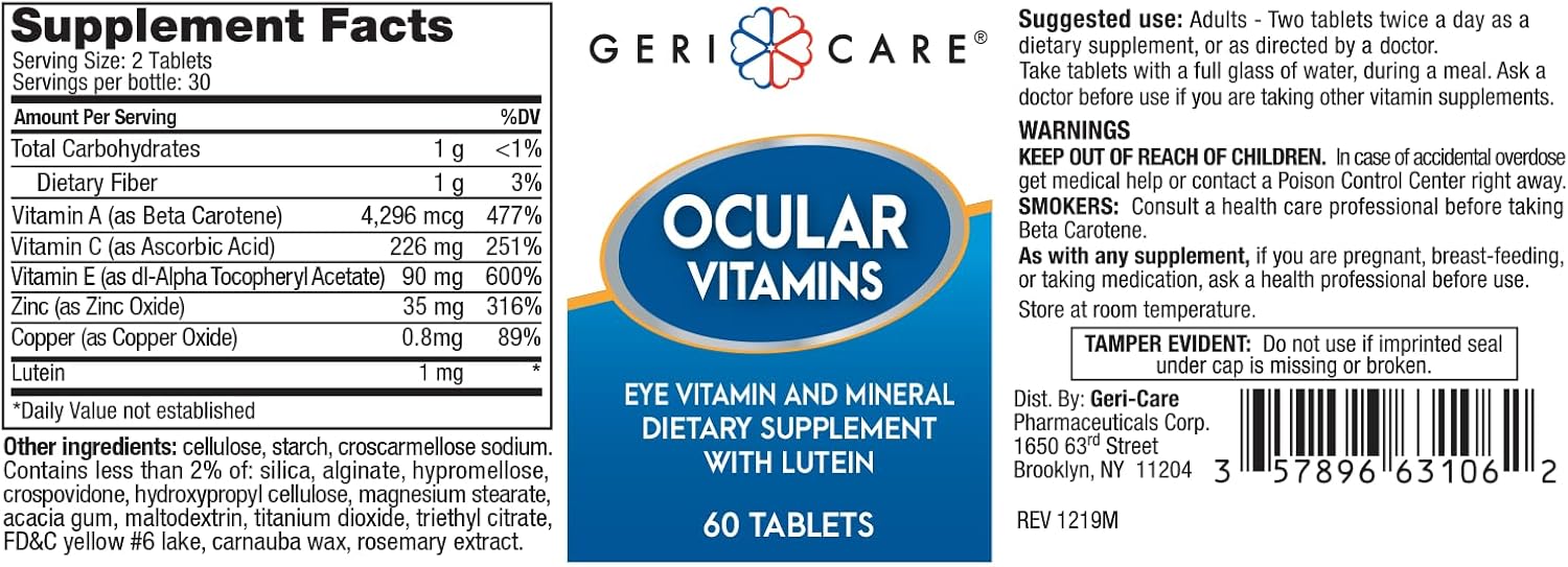 60-Count GeriCare Ocular Vitamins with Lutein - Eye Vitamins and Minerals Dietary Supplement Tablets