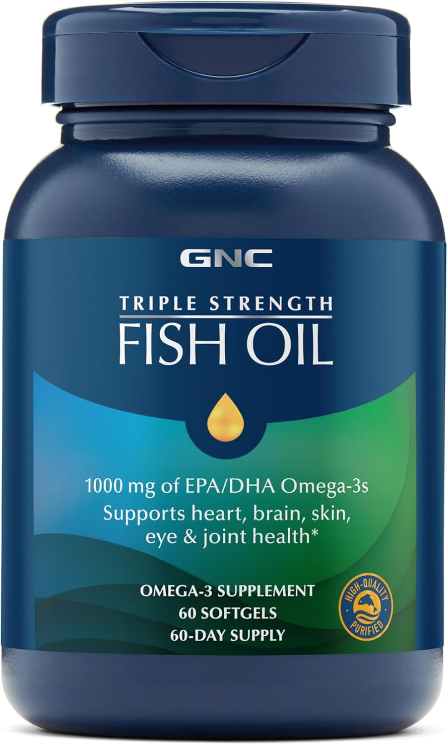 60 Count GNC Triple Strength Omega 3 Fish Oil 1000mg for Joint, Skin, Eye, and Heart Health Support