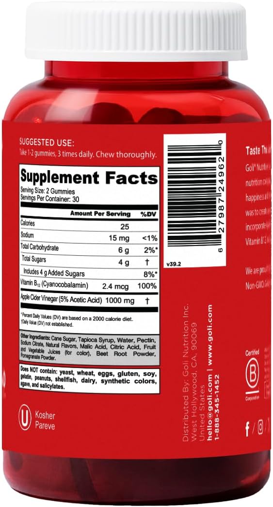 60-Count Goli Apple Cider Vinegar Gummy Vitamins with Vitamin B12 - Gelatin-Free, Gluten-Free, Vegan & Non-GMO
