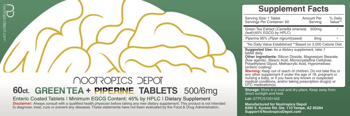 60 Count Green Tea Extract Tablets with 500mg, 45% EGCG + 6mg Piperine, Enteric Coated | Nootropics Depot