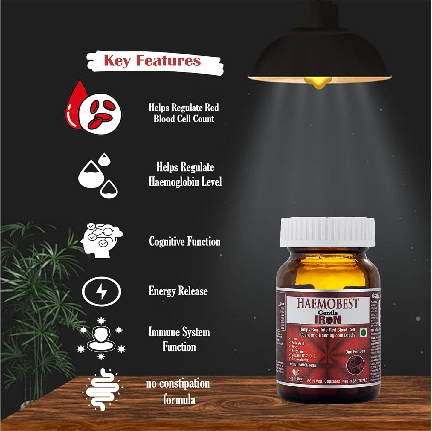 60 Count HealthBest Haemobest Iron Power Capsules - Gentle on Stomachs - Non-Constipating Formula - Boost Hemoglobin and Red Blood Cells Support