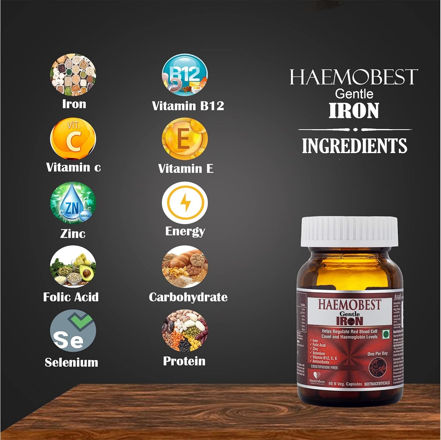 60 Count HealthBest Haemobest Iron Power Capsules - Gentle on Stomachs - Non-Constipating Formula - Boost Hemoglobin and Red Blood Cells Support