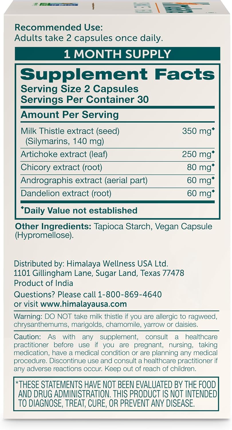 60 Count Himalaya Milk Thistle Liver Support Capsules - 350 mg with Artichoke, Chicory, Andrographis, Dandelion - Promotes Liver Health & Detoxification