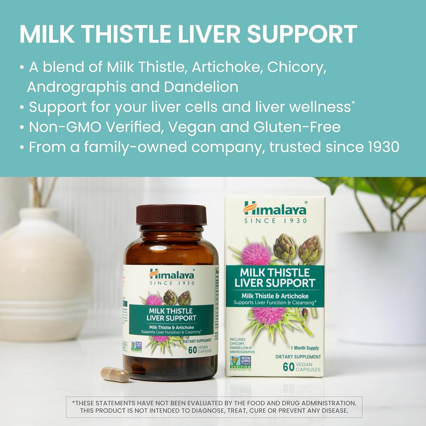 60 Count Himalaya Milk Thistle Liver Support Capsules - 350 mg with Artichoke, Chicory, Andrographis, Dandelion - Promotes Liver Health & Detoxification