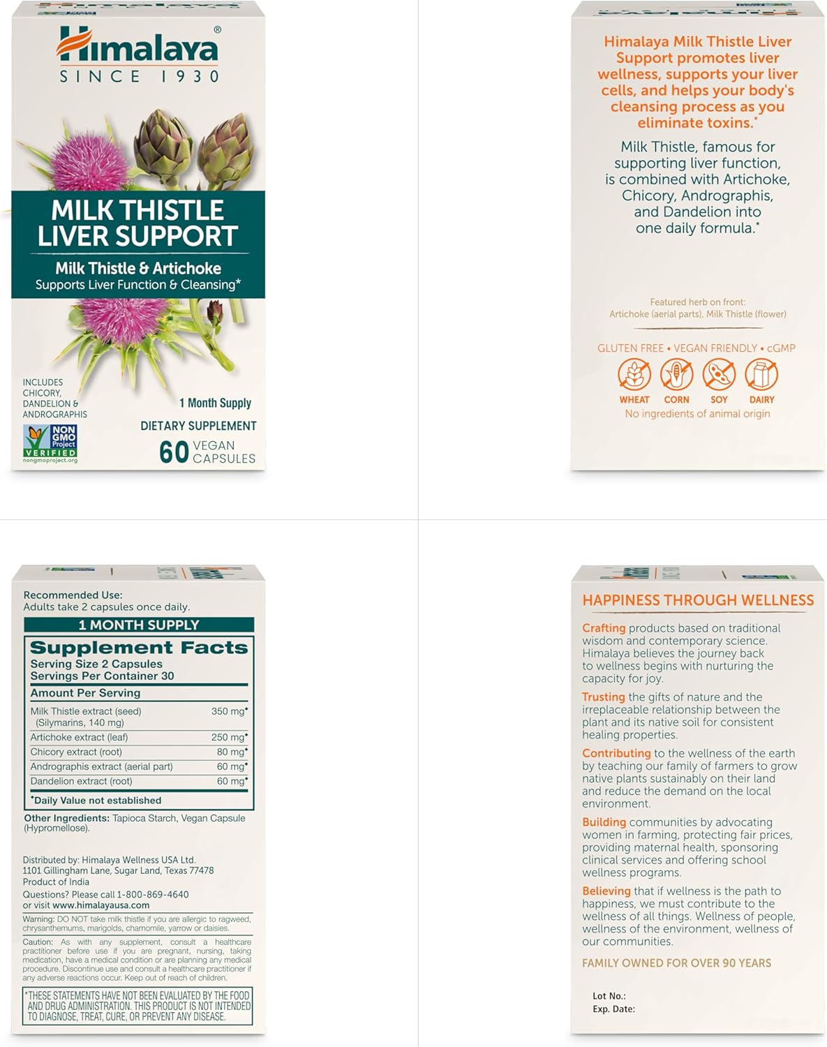 60 Count Himalaya Milk Thistle Liver Support Capsules - 350 mg with Artichoke, Chicory, Andrographis, Dandelion - Promotes Liver Health & Detoxification