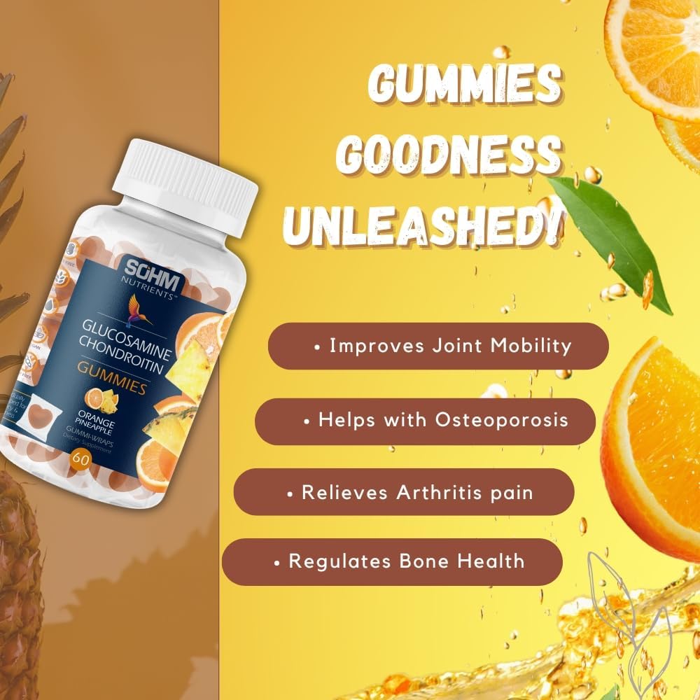 60 Count Individually Wrapped SOHM Glucosamine and Chondroitin Gummies for Joint and Bone Health - Pineapple and Orange Flavored Vegan Gummies for Men and Women