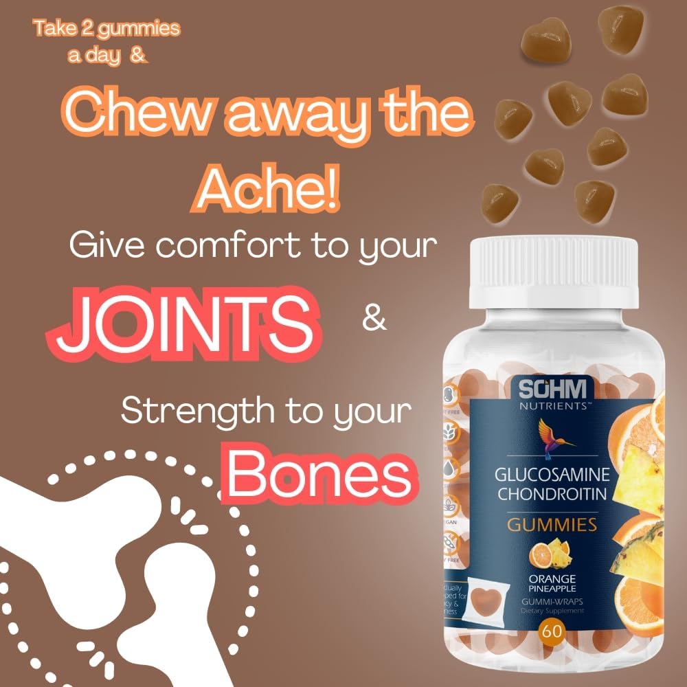 60 Count Individually Wrapped SOHM Glucosamine and Chondroitin Gummies for Joint and Bone Health - Pineapple and Orange Flavored Vegan Gummies for Men and Women