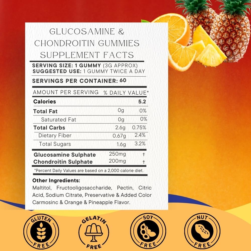 60 Count Individually Wrapped SOHM Glucosamine and Chondroitin Gummies for Joint and Bone Health - Pineapple and Orange Flavored Vegan Gummies for Men and Women