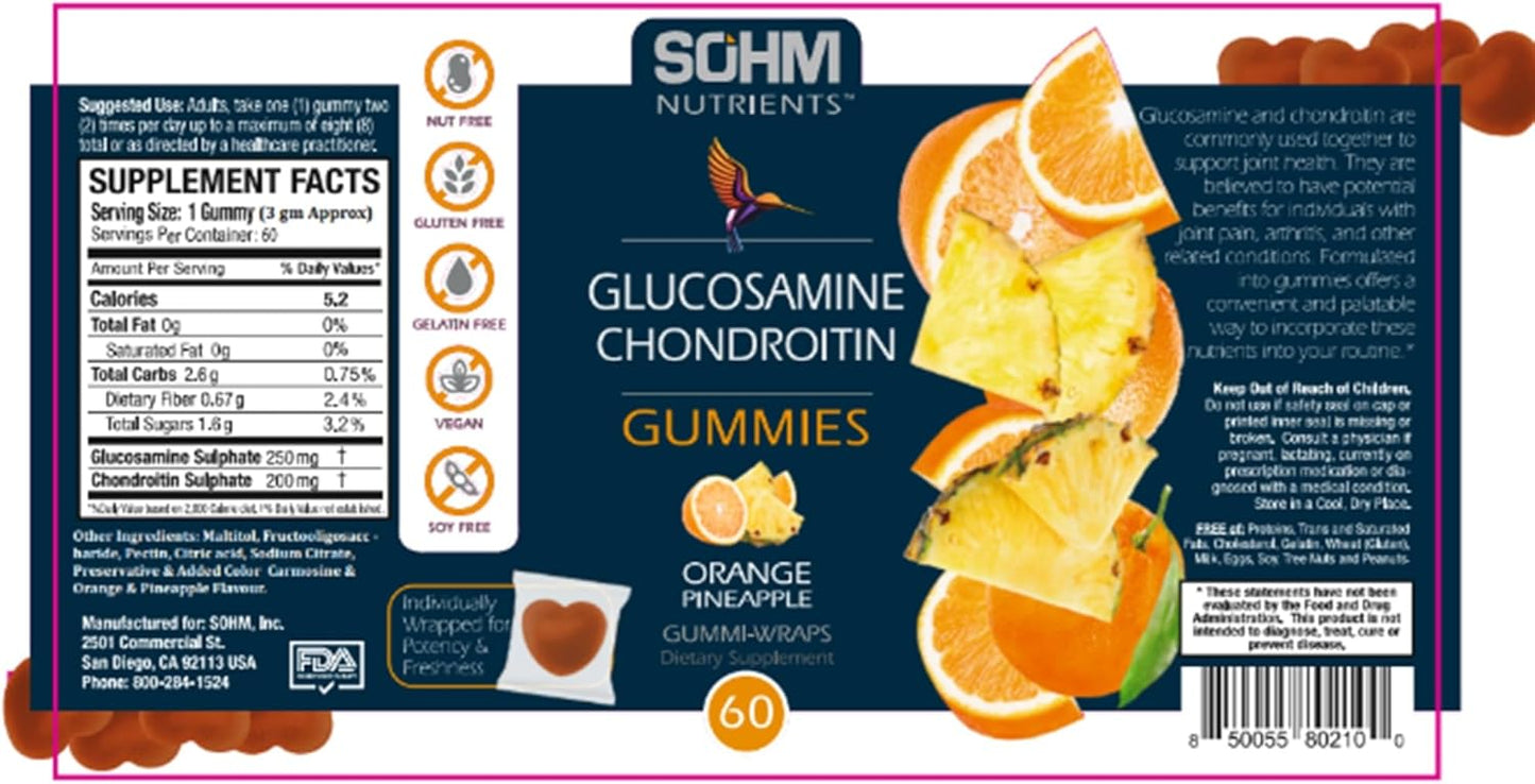 60 Count Individually Wrapped SOHM Glucosamine and Chondroitin Gummies for Joint and Bone Health - Pineapple and Orange Flavored Vegan Gummies for Men and Women