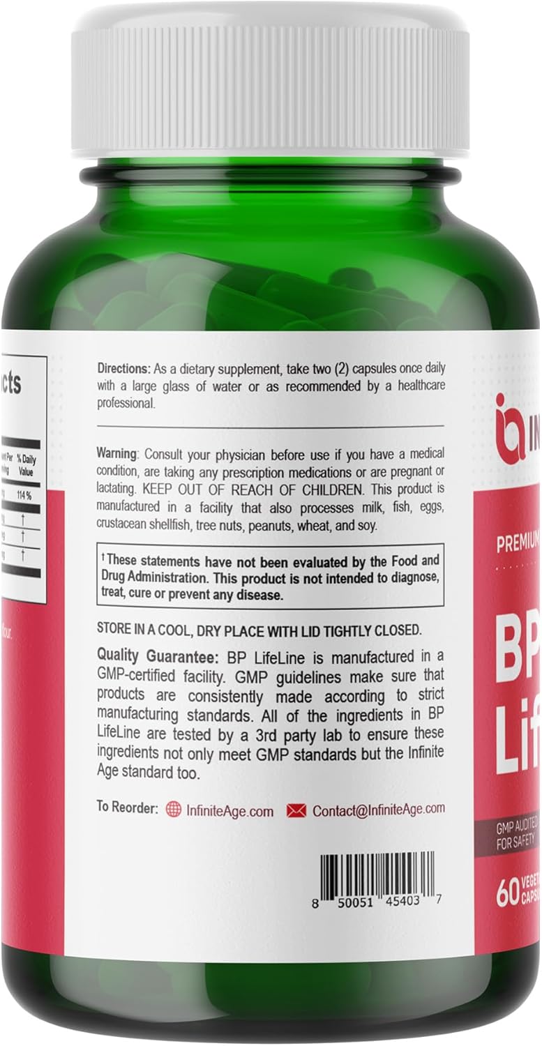 60 Count Infinite Age BP Lifeline Capsules - Heart Health Support Supplement with Grapeseed Extract, Nattokinase, Quercetin, Magnesium - USA Made