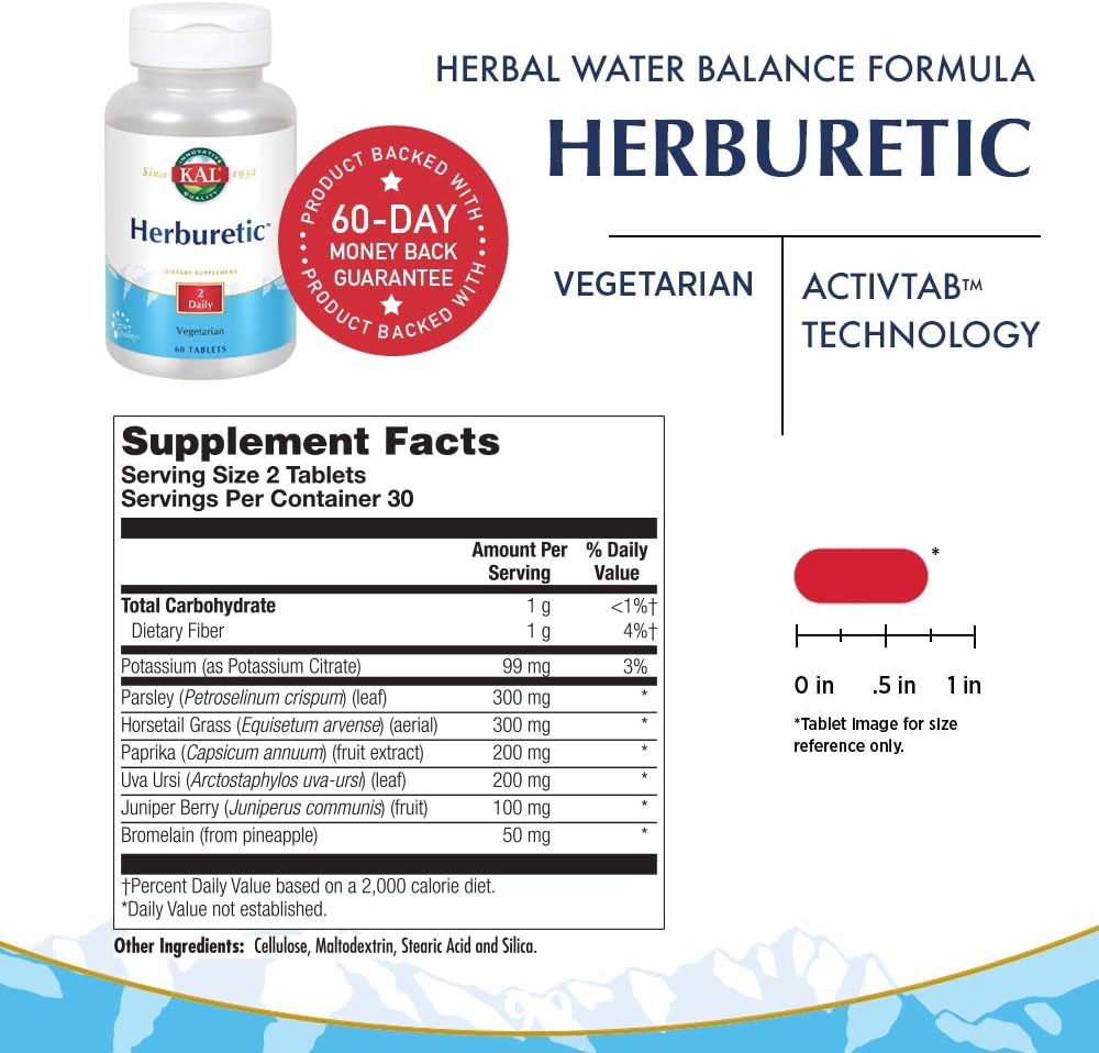 60 Count KAL Herburetic Tablets for Natural Diuretic Support