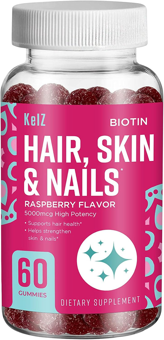60 Count KelZ Biotin Gummies for Hair, Skin & Nails, Raspberry Flavor