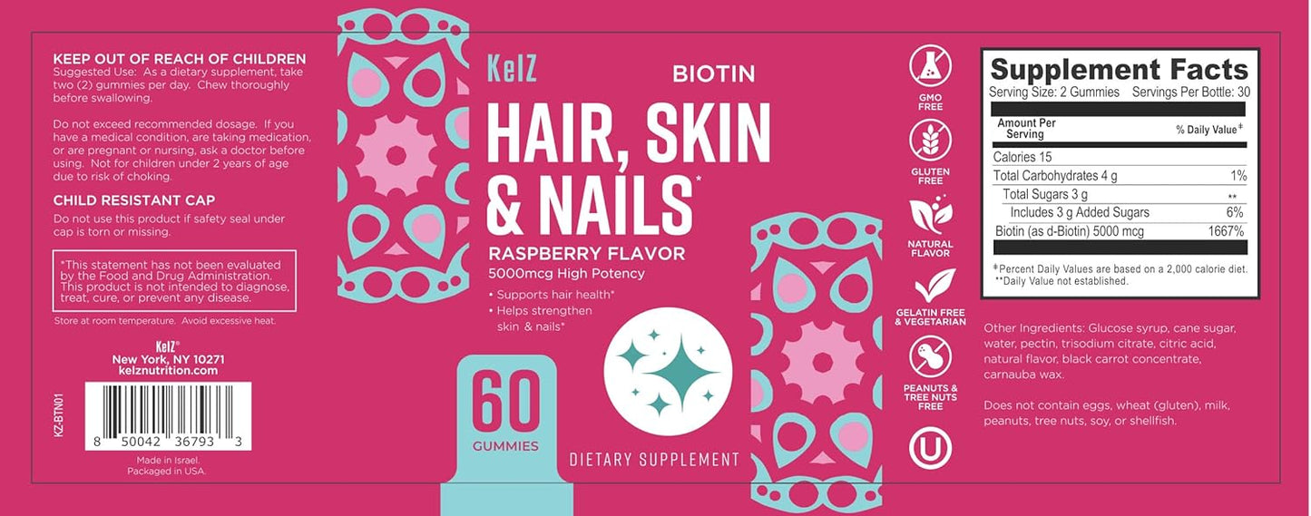 60 Count KelZ Biotin Gummies for Hair, Skin & Nails, Raspberry Flavor