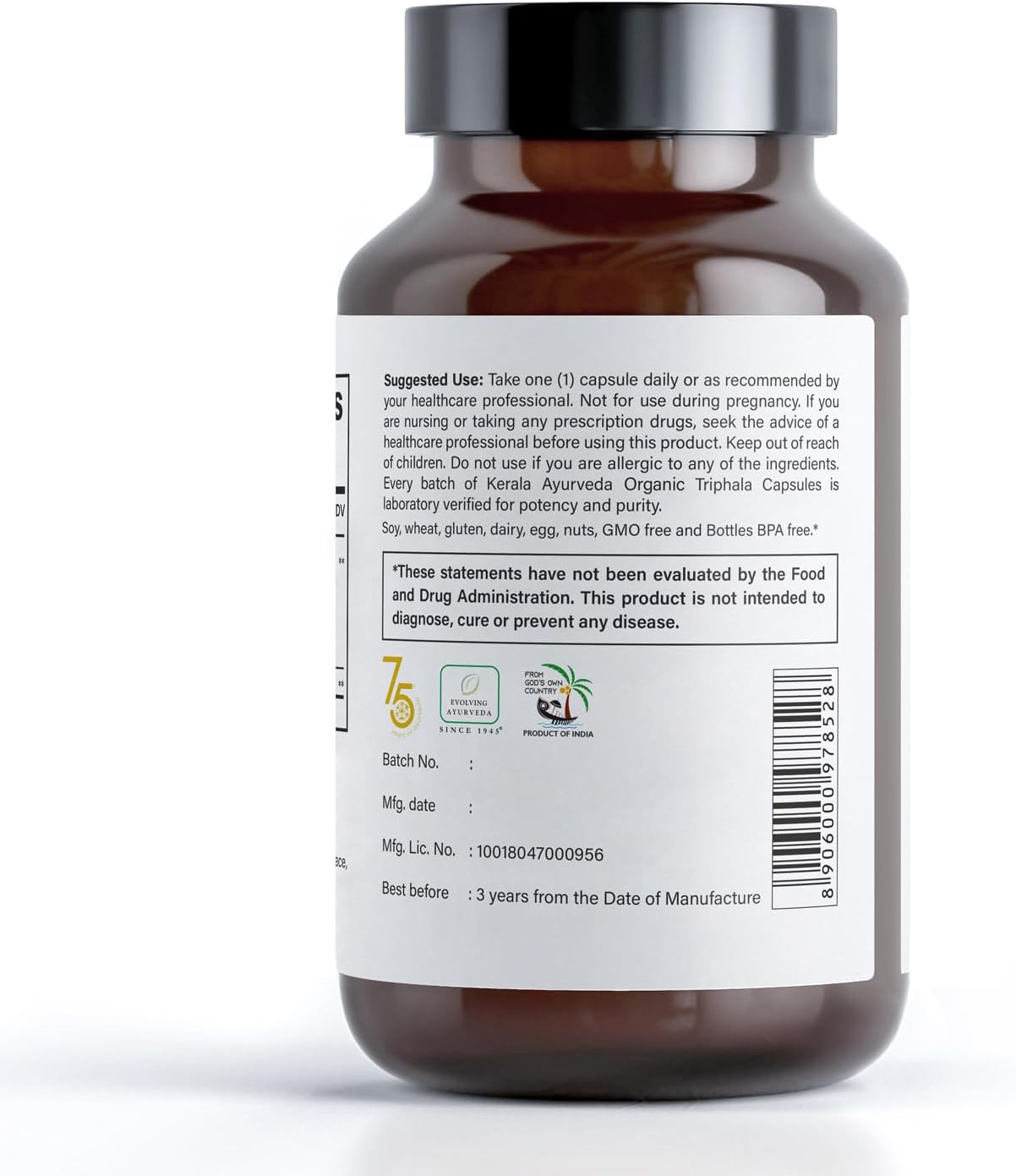 60 Count Kerala Ayurveda Triphala Capsules for Digestion, Colon, and Immune System Support with Antioxidants for Total Body Wellness and Cellular Rejuvenation