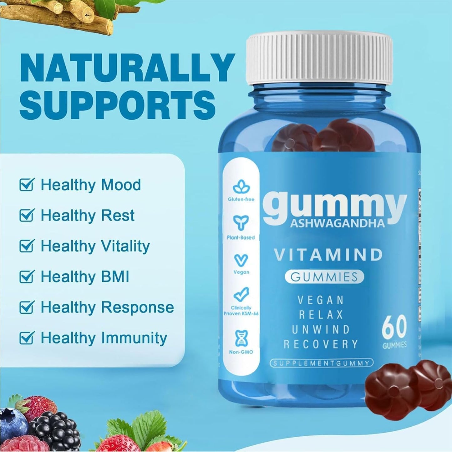 60-Count Kicuspi Ashwagandha Gummies in Mixed Berry Flavor - Vegan, Plant-Based, Non-GMO, and Gluten-Free