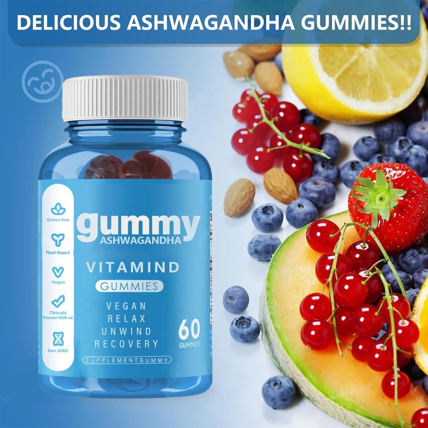60-Count Kicuspi Ashwagandha Gummies in Mixed Berry Flavor - Vegan, Plant-Based, Non-GMO, and Gluten-Free