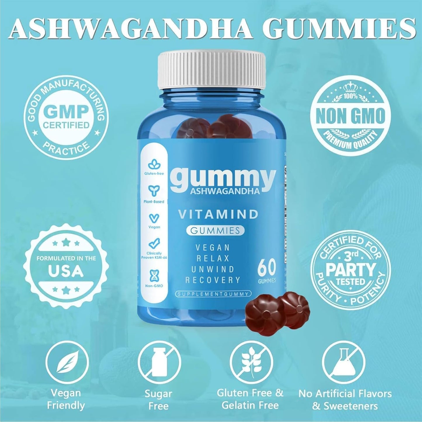 60-Count Kicuspi Ashwagandha Gummies in Mixed Berry Flavor - Vegan, Plant-Based, Non-GMO, and Gluten-Free
