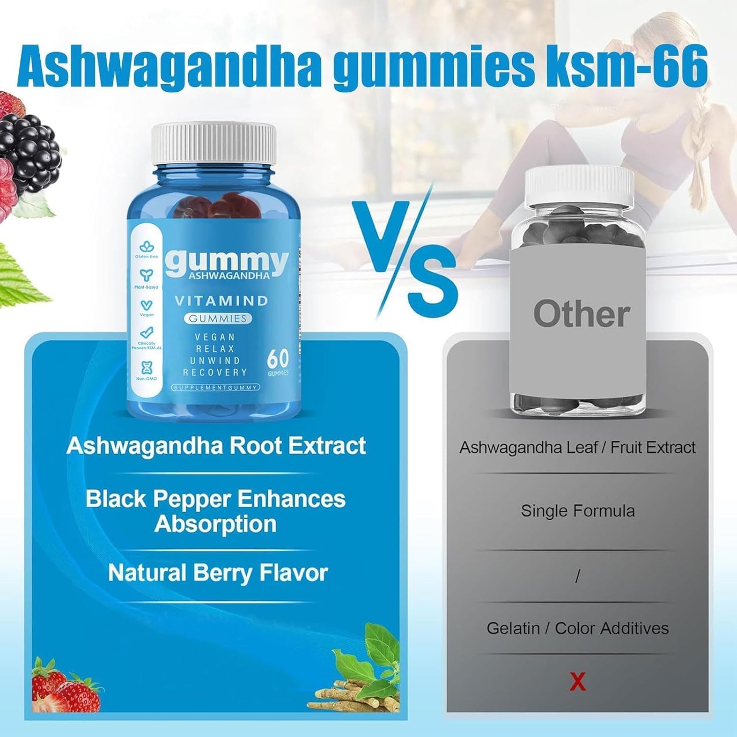 60-Count Kicuspi Ashwagandha Gummies in Mixed Berry Flavor - Vegan, Plant-Based, Non-GMO, and Gluten-Free