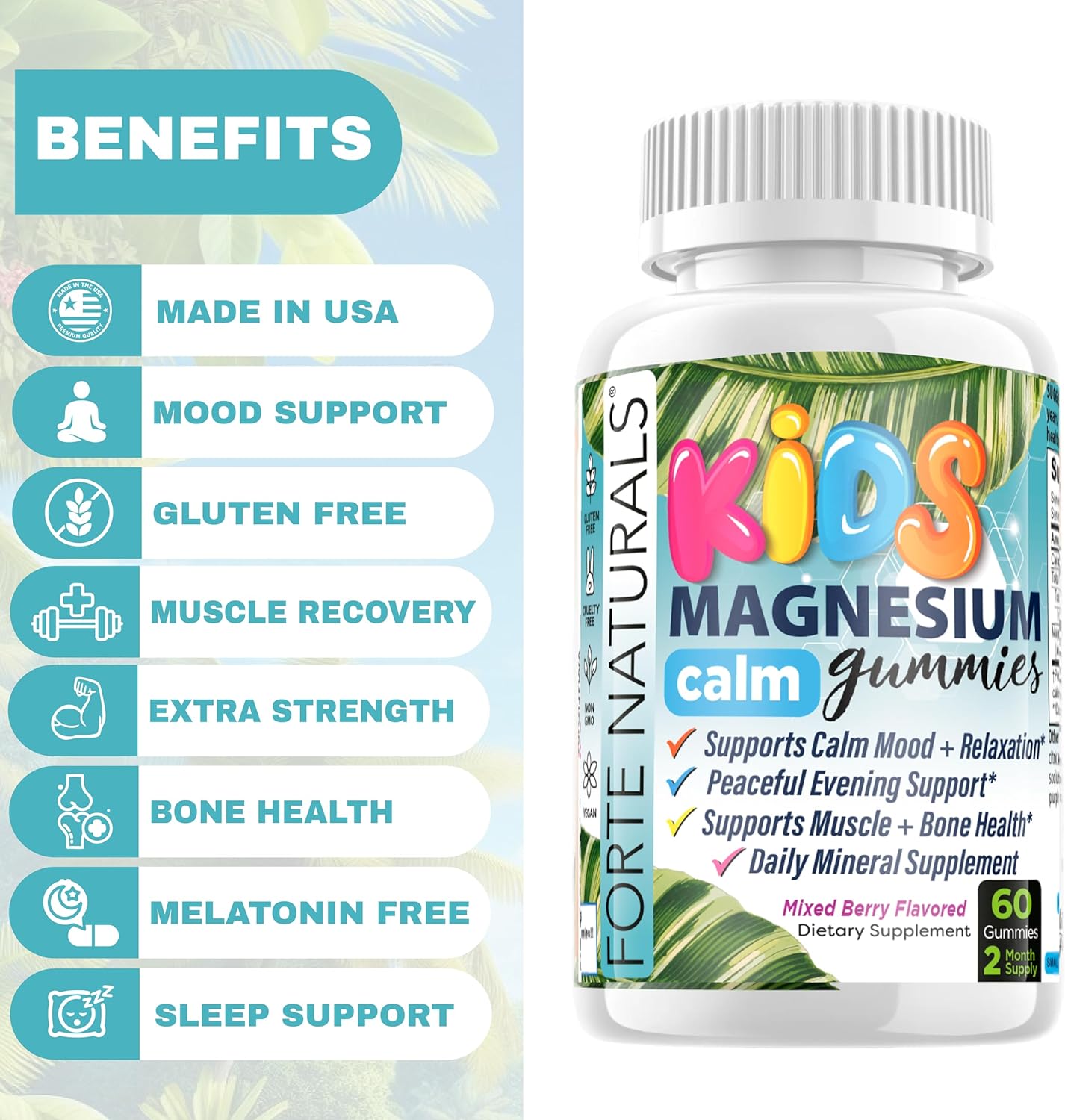 60 Count Kids Magnesium Calm Gummies for Sleep and Bedtime by FORTE NATURALS - USA-Made Supplement