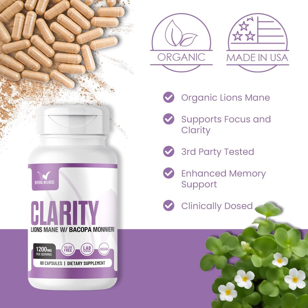 60 Count Lions Mane + Bacopa Capsules | Filler-Free, Clinically Dosed, 3rd Party Tested for Integral Wellness Clarity
