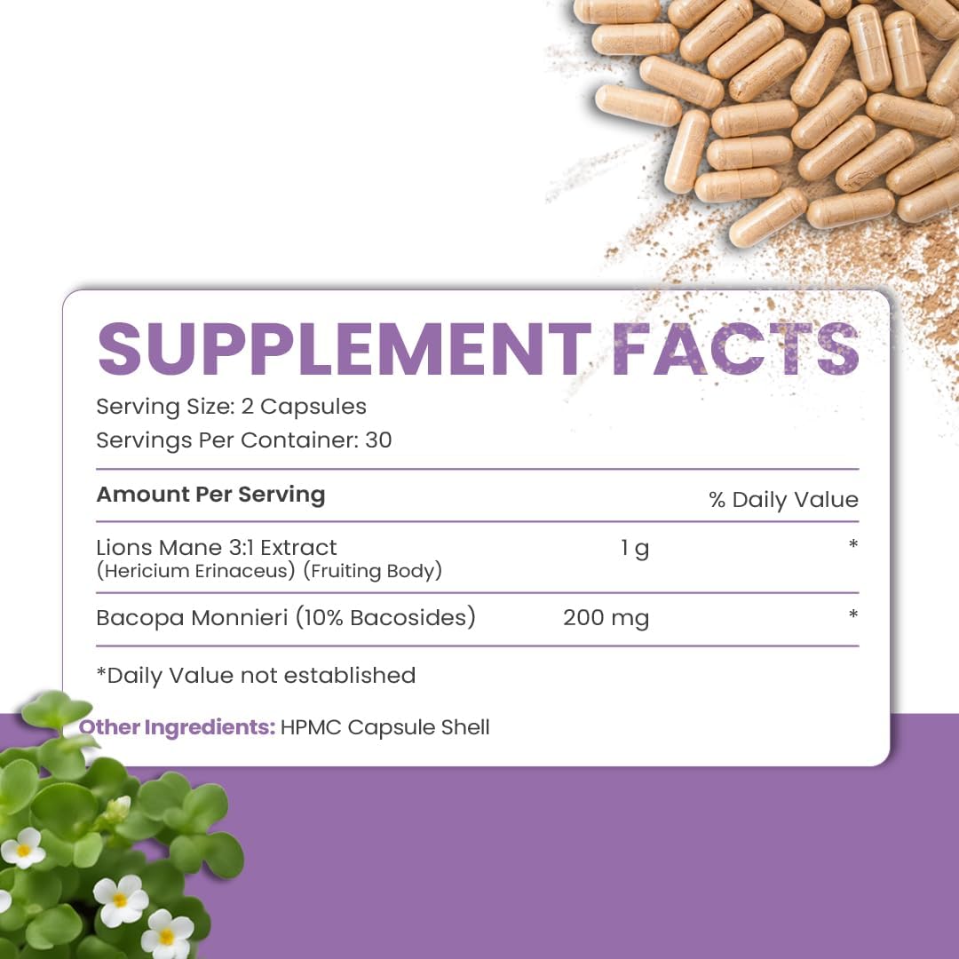 60 Count Lions Mane + Bacopa Capsules | Filler-Free, Clinically Dosed, 3rd Party Tested for Integral Wellness Clarity