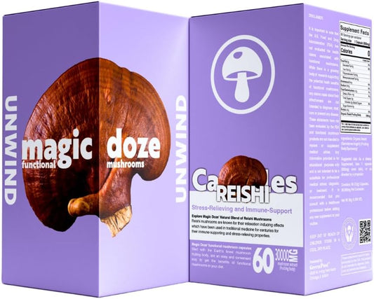 60 Count Magic Doze™ Reishi Mushroom Capsules - Herbal Stress Relief and Immune Support Supplement, Vegan and Organic