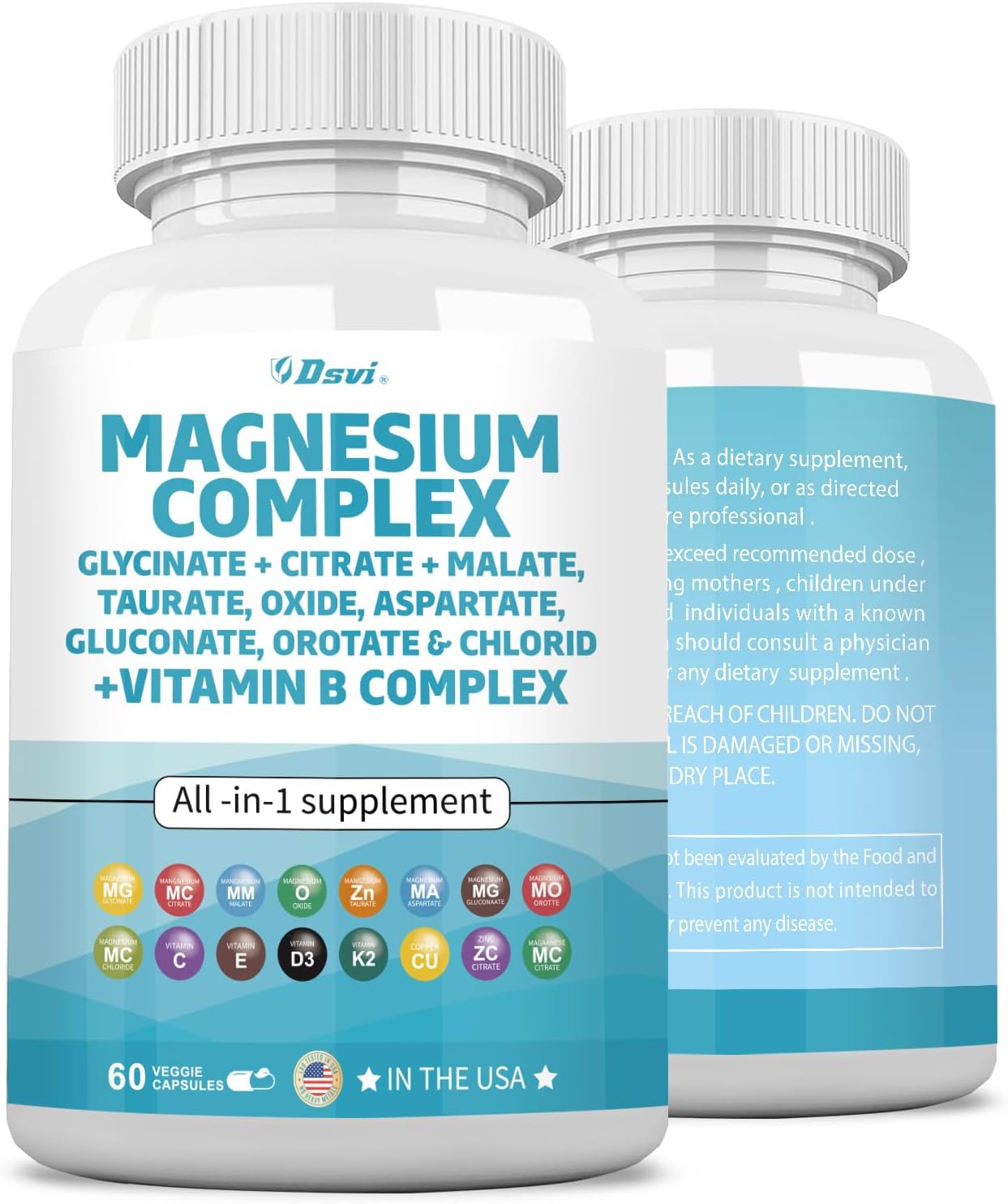 60 Count Magnesium Complex with Zinc, Copper, Manganese & Vitamin C - 2285mg Magnesium Glycinate Citrate Malate Oxide Taurate Aspartate Gluconate Orotate & Mag Chloride - B1 B2 B6 B12 Complex - Made in USA