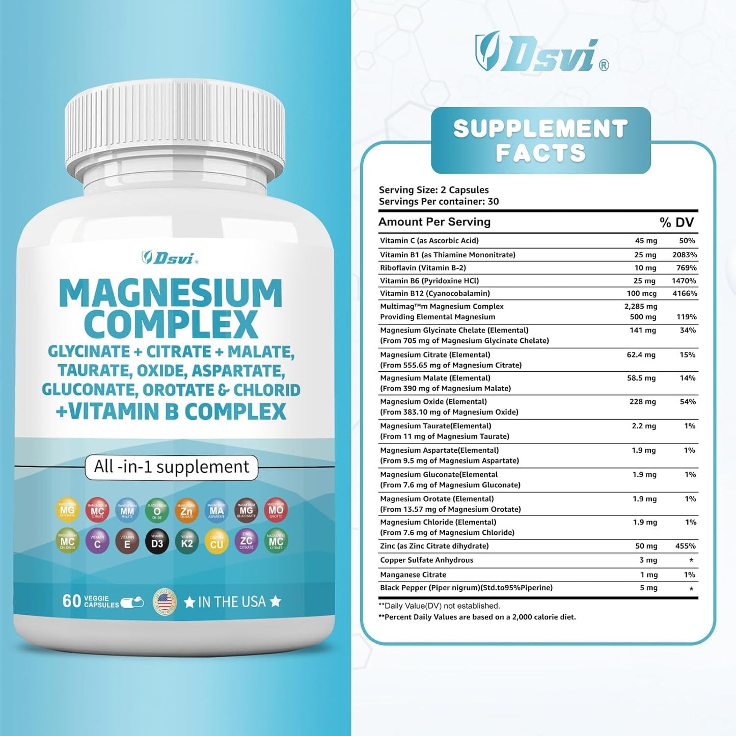 60 Count Magnesium Complex with Zinc, Copper, Manganese & Vitamin C - 2285mg Magnesium Glycinate Citrate Malate Oxide Taurate Aspartate Gluconate Orotate & Mag Chloride - B1 B2 B6 B12 Complex - Made in USA