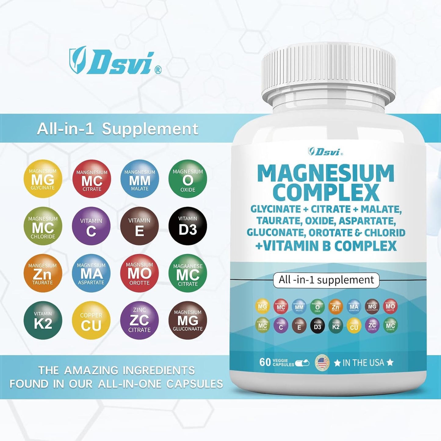 60 Count Magnesium Complex with Zinc, Copper, Manganese & Vitamin C - 2285mg Magnesium Glycinate Citrate Malate Oxide Taurate Aspartate Gluconate Orotate & Mag Chloride - B1 B2 B6 B12 Complex - Made in USA