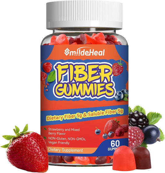 60 Count Mixed Berry & Strawberry Flavor Fiber Gummies for Gut Health Support - Men & Women, Non-GMO, Vegan, Non-Gluten - SmildeHeal Dietary Soluble Fiber