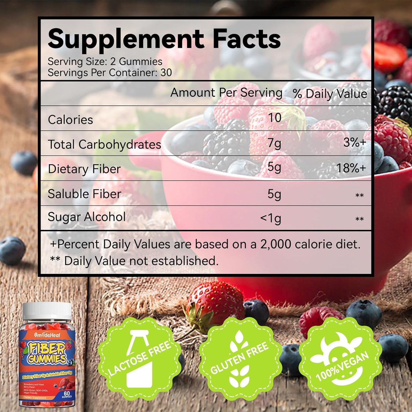 60 Count Mixed Berry & Strawberry Flavor Fiber Gummies for Gut Health Support - Men & Women, Non-GMO, Vegan, Non-Gluten - SmildeHeal Dietary Soluble Fiber