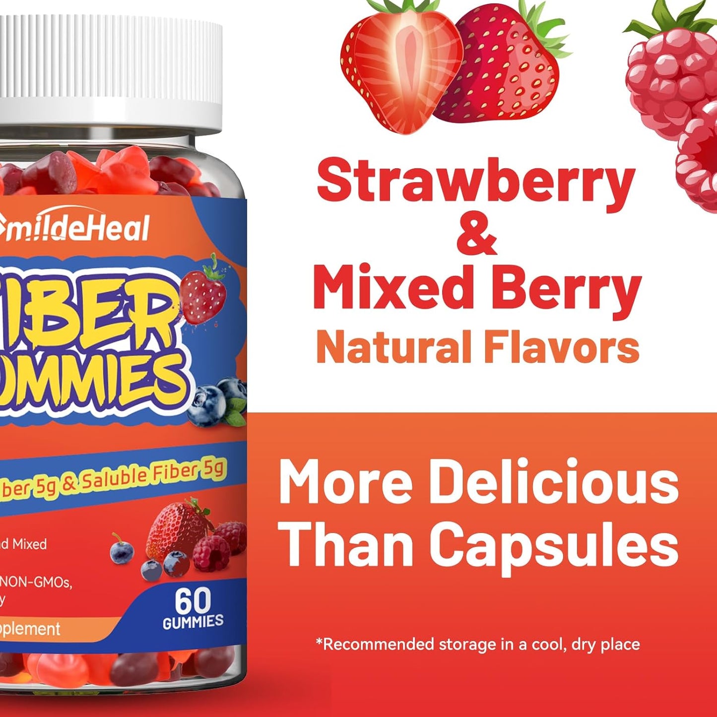 60 Count Mixed Berry & Strawberry Flavor Fiber Gummies for Gut Health Support - Men & Women, Non-GMO, Vegan, Non-Gluten - SmildeHeal Dietary Soluble Fiber
