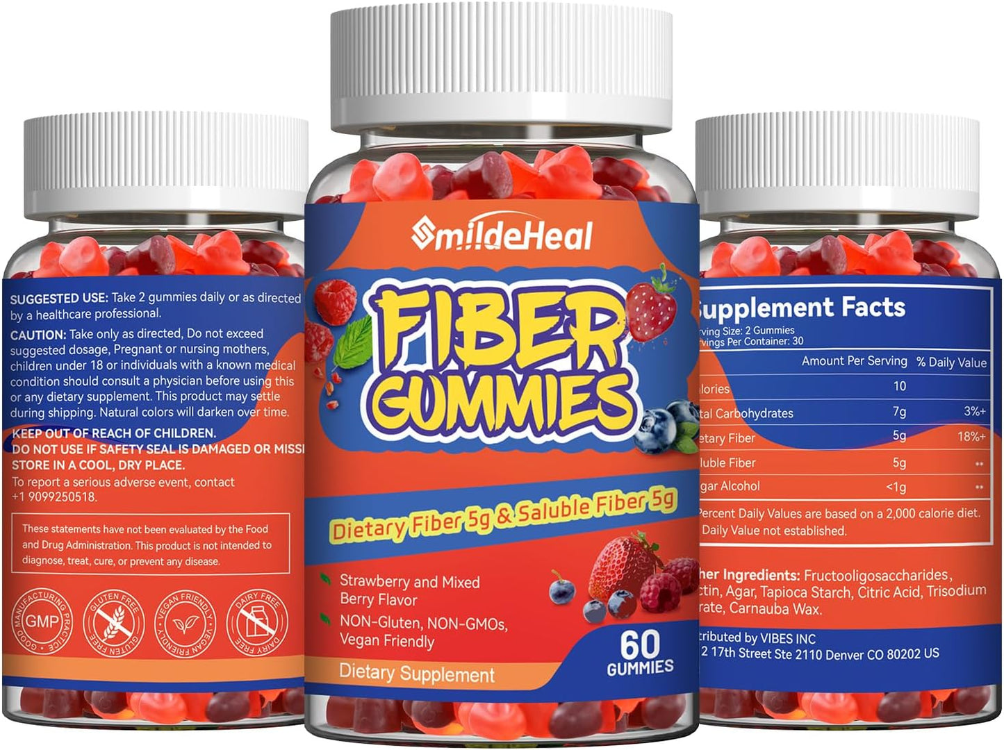 60 Count Mixed Berry & Strawberry Flavor Fiber Gummies for Gut Health Support - Men & Women, Non-GMO, Vegan, Non-Gluten - SmildeHeal Dietary Soluble Fiber