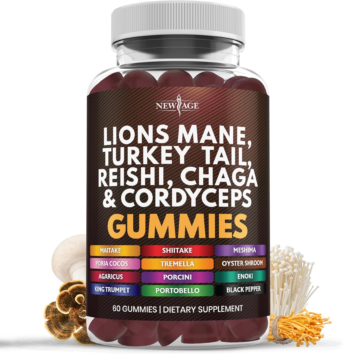 60 Count Mushroom Lion's Mane, Reishi, Cordyceps Gummies - New Age Mushroom Supplement