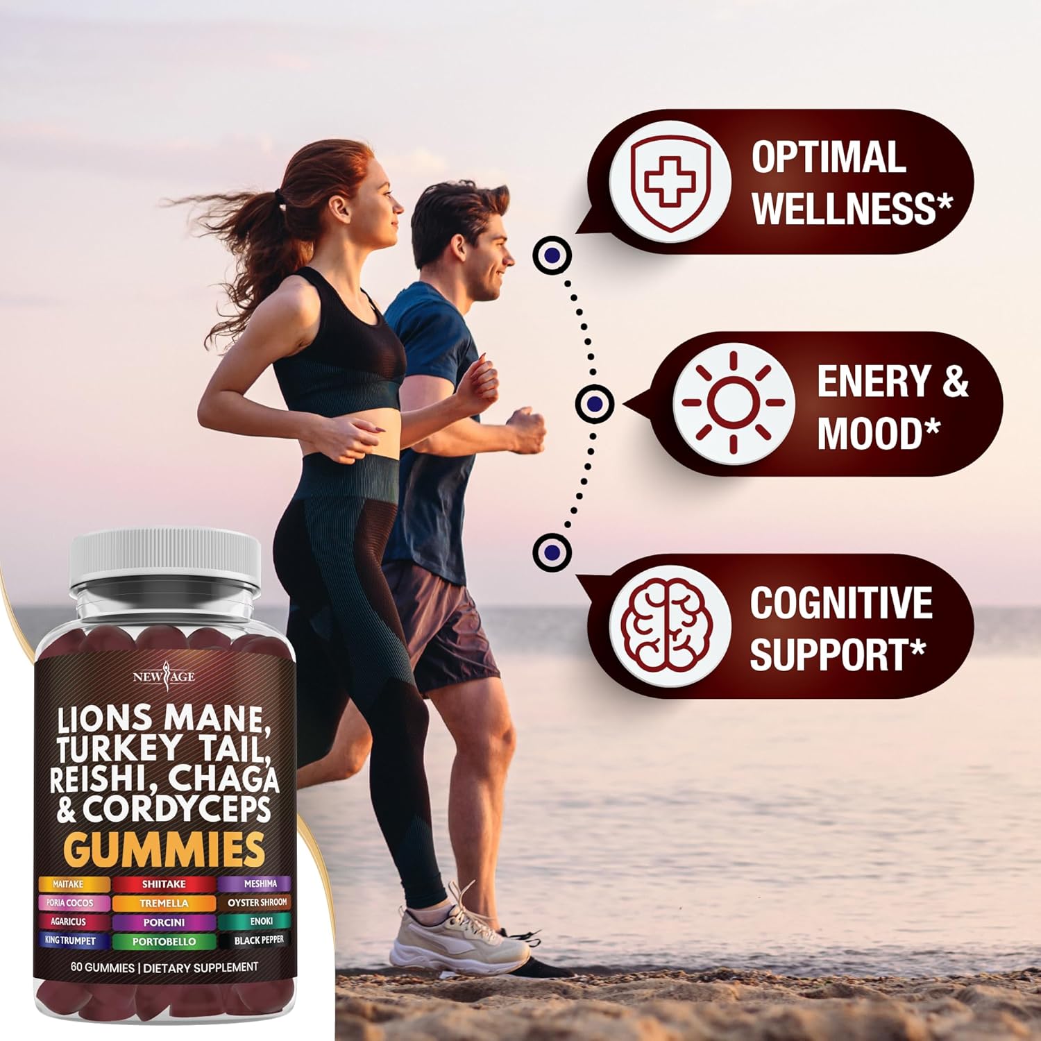 60 Count Mushroom Lion's Mane, Reishi, Cordyceps Gummies - New Age Mushroom Supplement