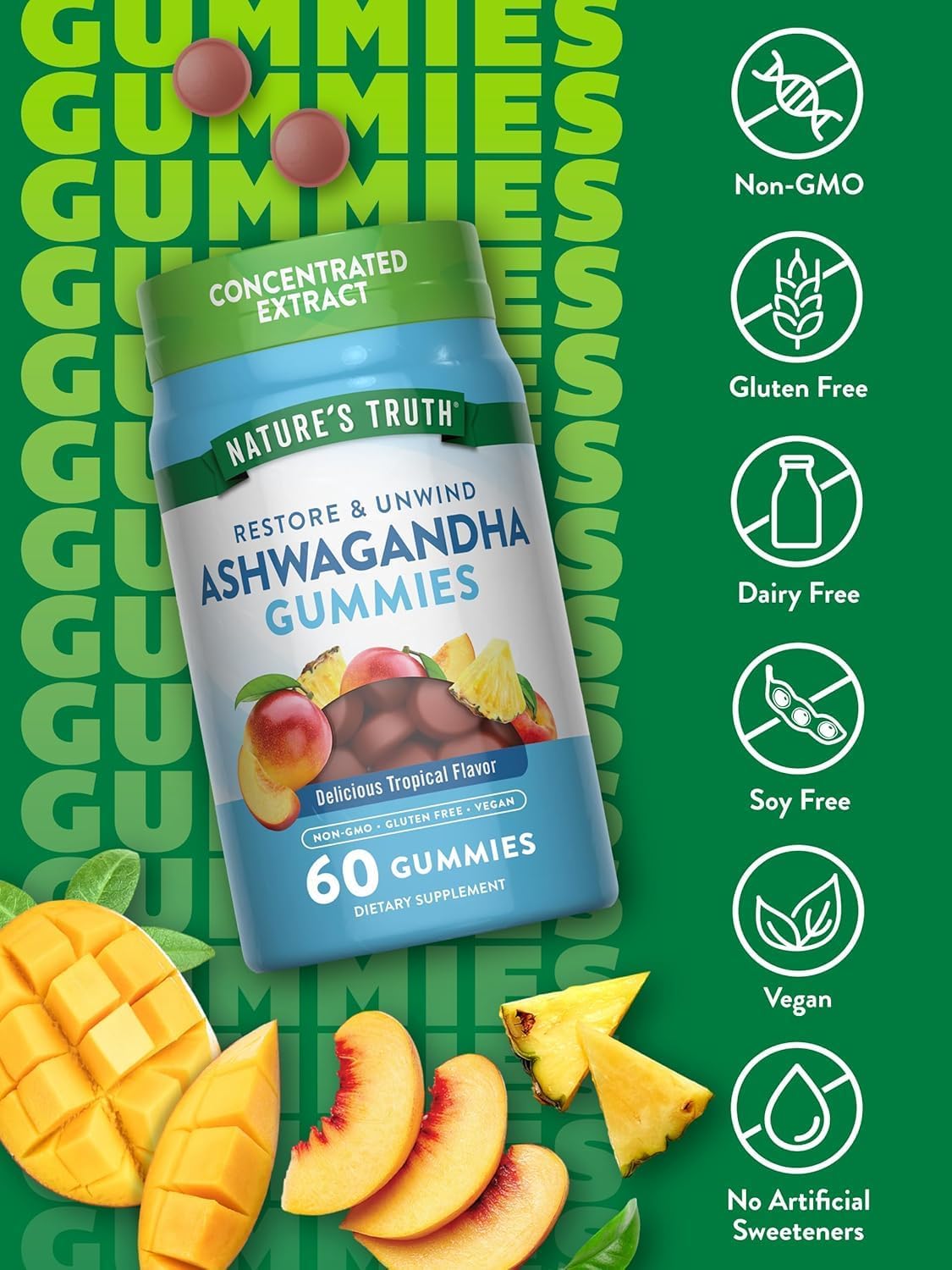 60 Count Nature's Truth Ashwagandha Gummies - Tropical Flavor, Vegan, Non-GMO & Gluten Free Supplement