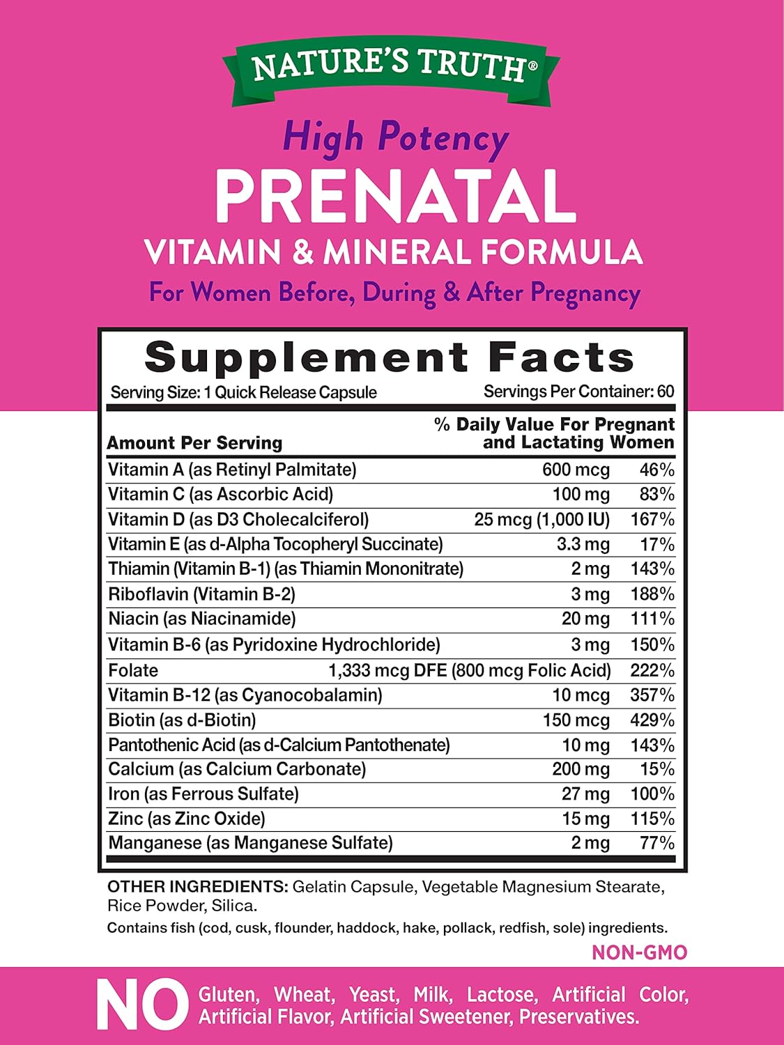 60 Count Nature's Truth Prenatal Vitamins with Folic Acid - Non-GMO and Gluten Free Formula