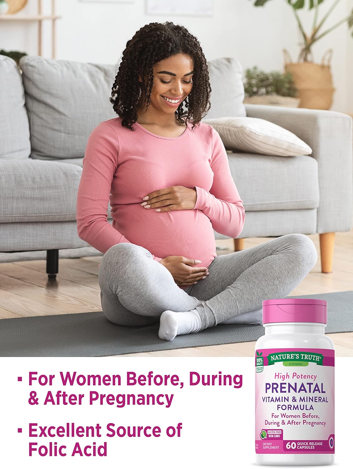 60 Count Nature's Truth Prenatal Vitamins with Folic Acid - Non-GMO and Gluten Free Formula