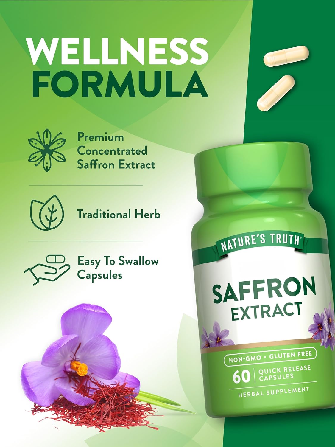 60 Count Nature's Truth Saffron Extract Capsules | Concentrated Non-GMO & Gluten Free Supplement