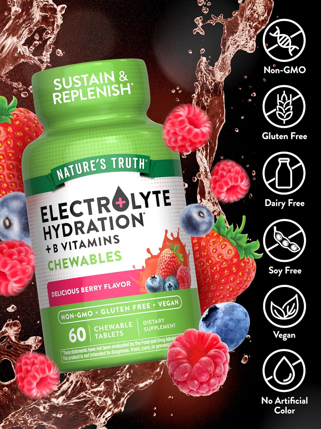 60 Count Non-GMO Berry Flavor Electrolyte Tablets for Hydration | Gluten Free Chewable Supplement by Nature's Truth