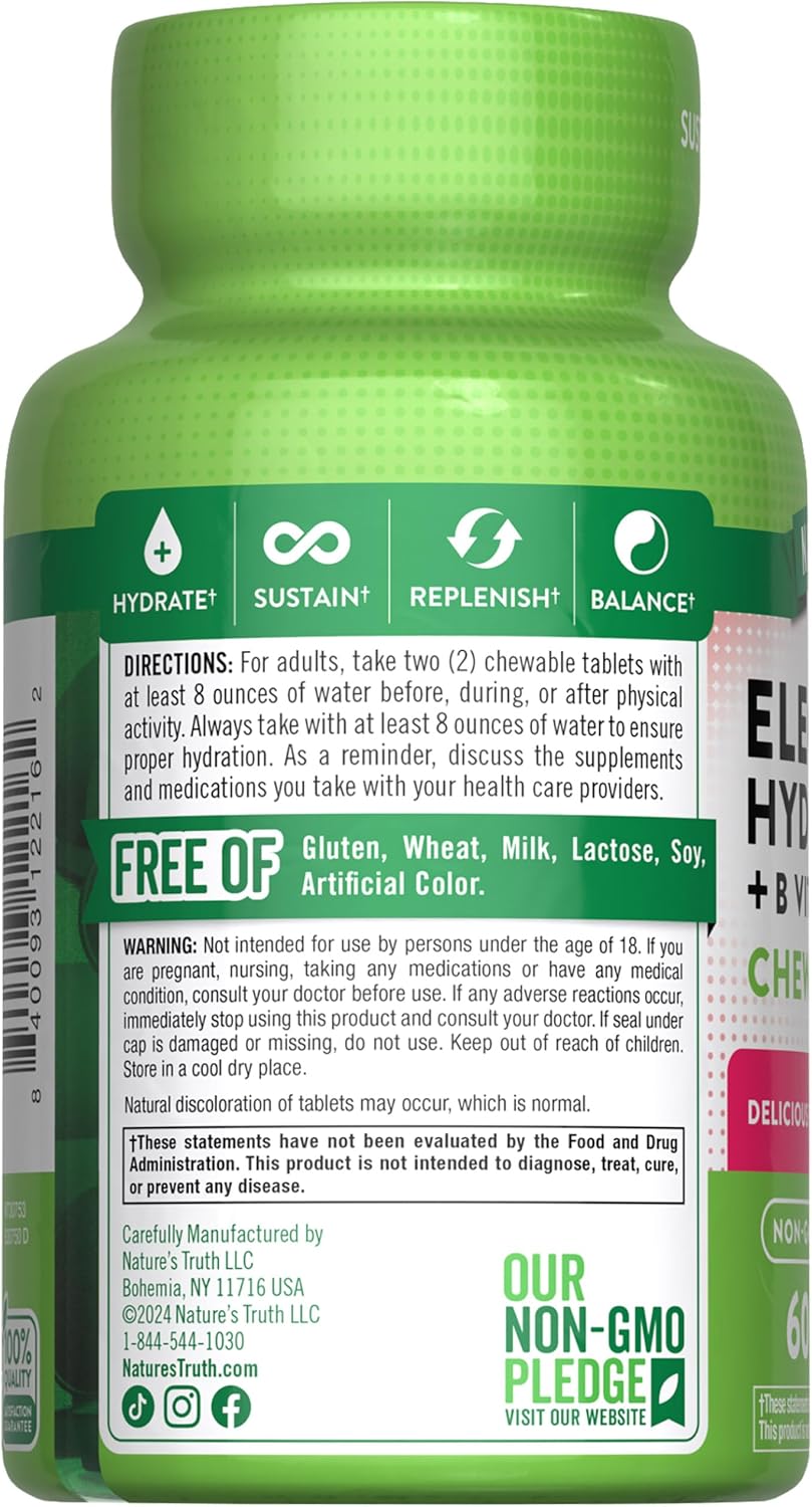 60 Count Non-GMO Berry Flavor Electrolyte Tablets for Hydration | Gluten Free Chewable Supplement by Nature's Truth