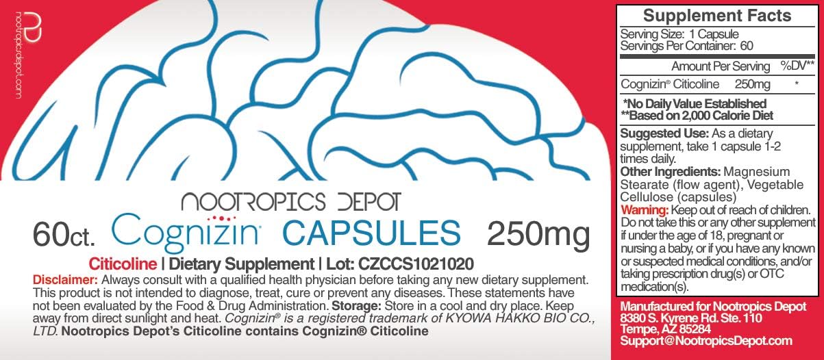 60 Count Nootropics Depot Cognizin Citicoline Capsules for Brain Health - Memory and Focus Support - Choline Supplement for Cognitive Function