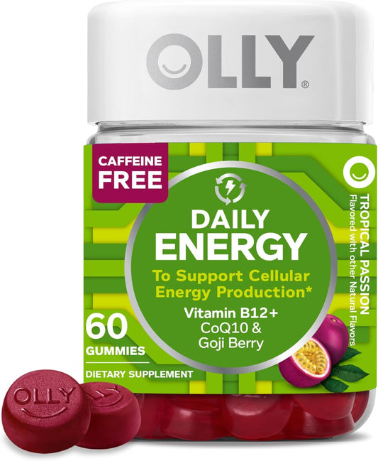 60-Count OLLY Caffeine Free Daily Energy Gummy with Vitamin B12 and CoQ10, Adult Chewable Supplement, Tropical Flavor