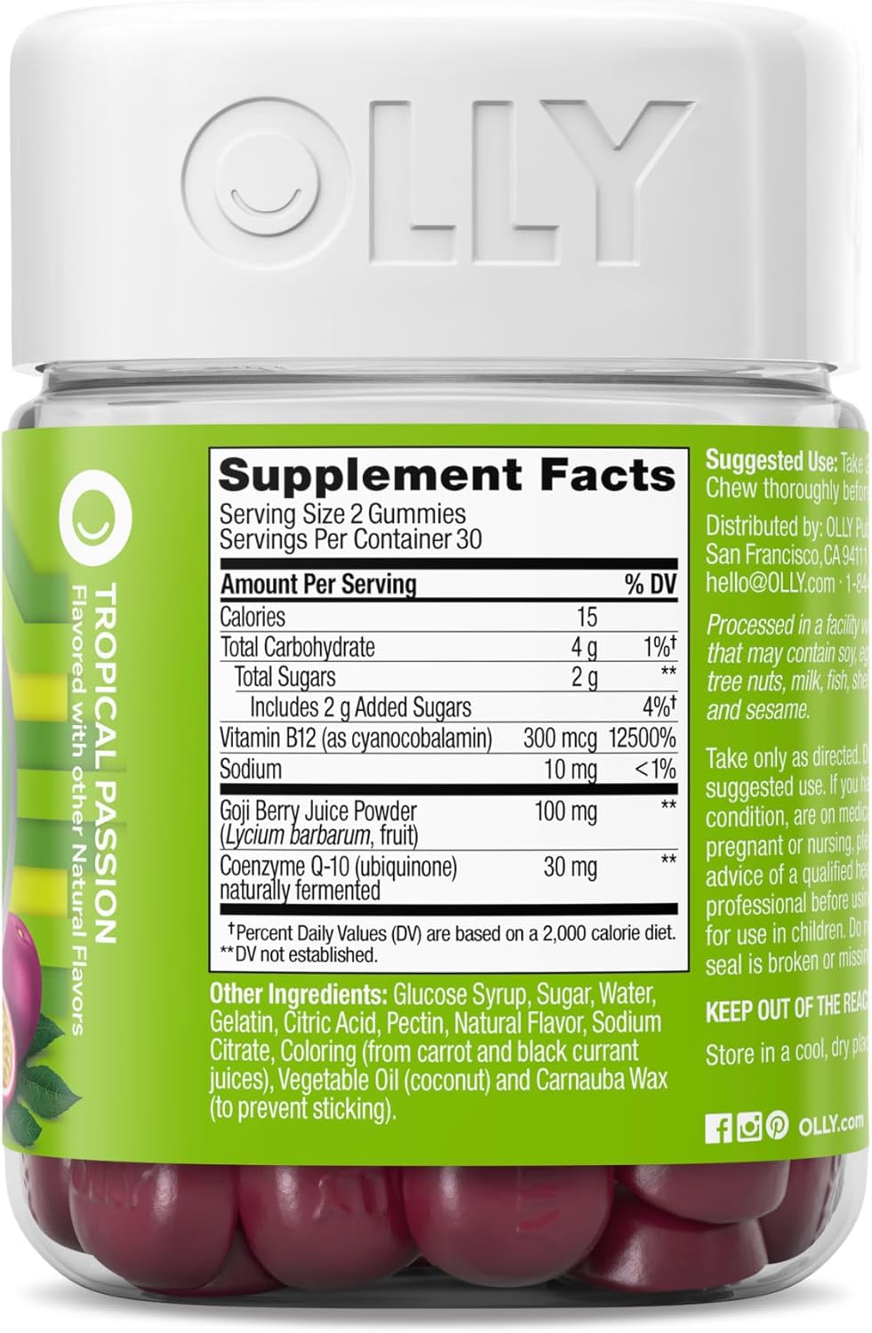 60-Count OLLY Caffeine Free Daily Energy Gummy with Vitamin B12 and CoQ10, Adult Chewable Supplement, Tropical Flavor