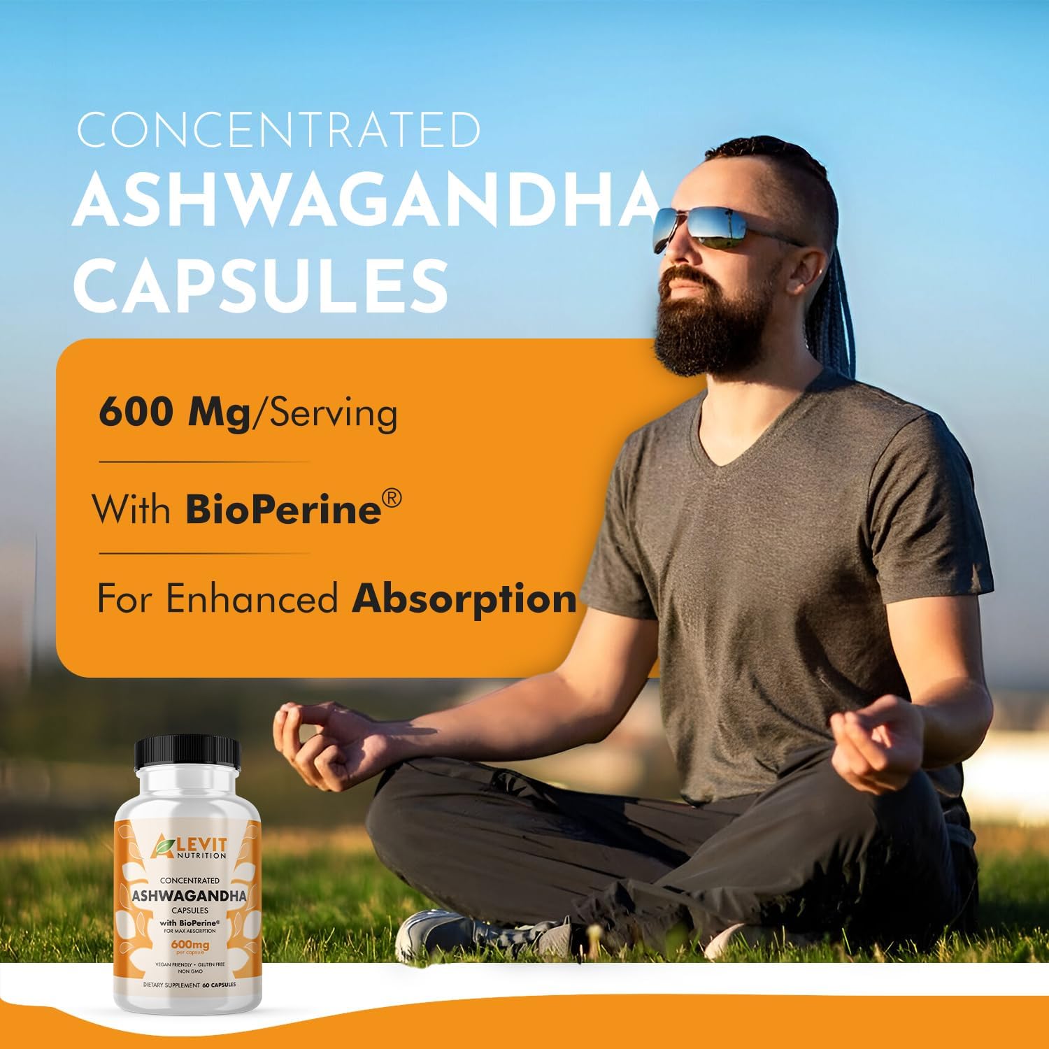 60 Count Organic Ashwagandha Capsules with BioPerine for Stress & Mood Support - Vegan - 2-Month Supply - Alevit Nutrition