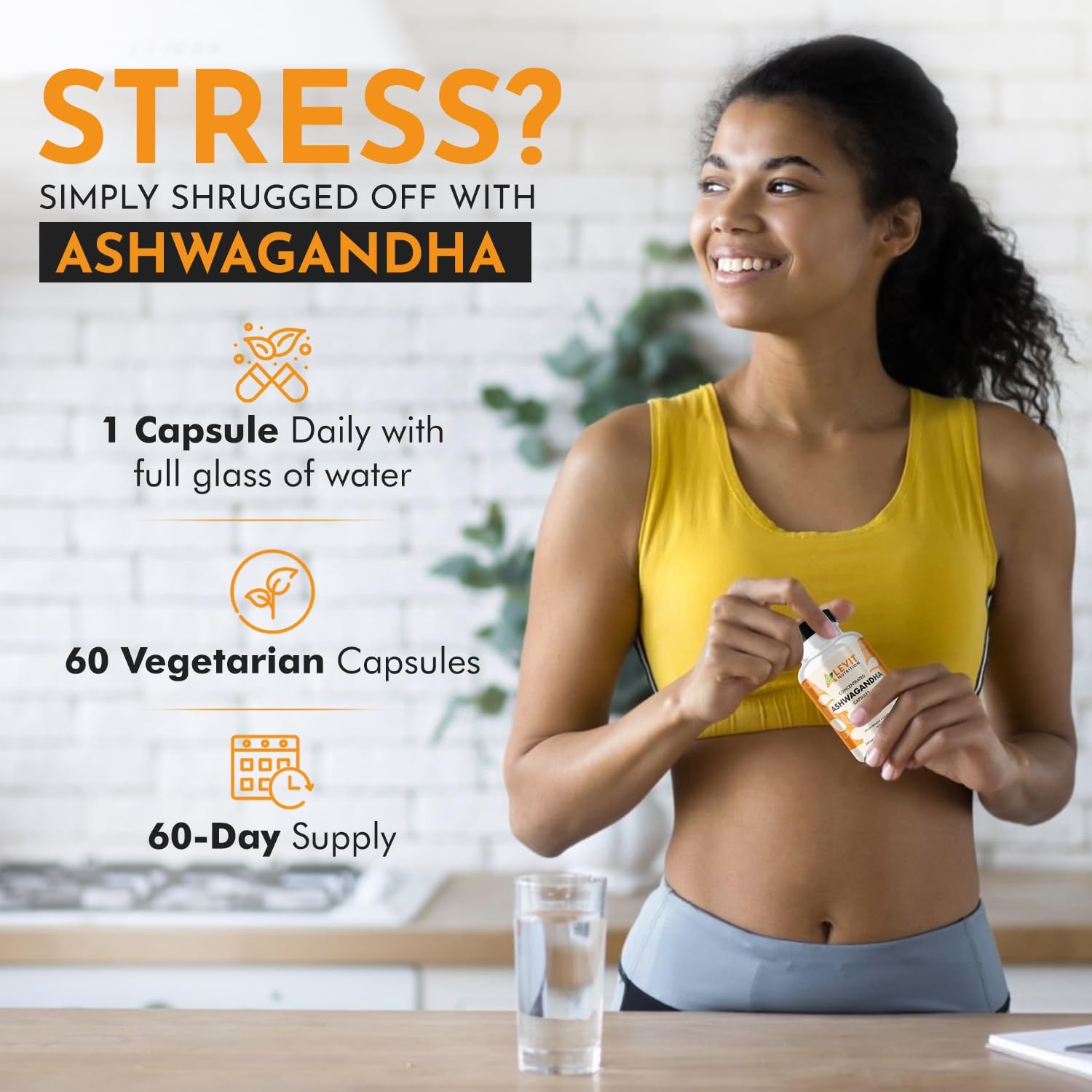 60 Count Organic Ashwagandha Capsules with BioPerine for Stress & Mood Support - Vegan - 2-Month Supply - Alevit Nutrition
