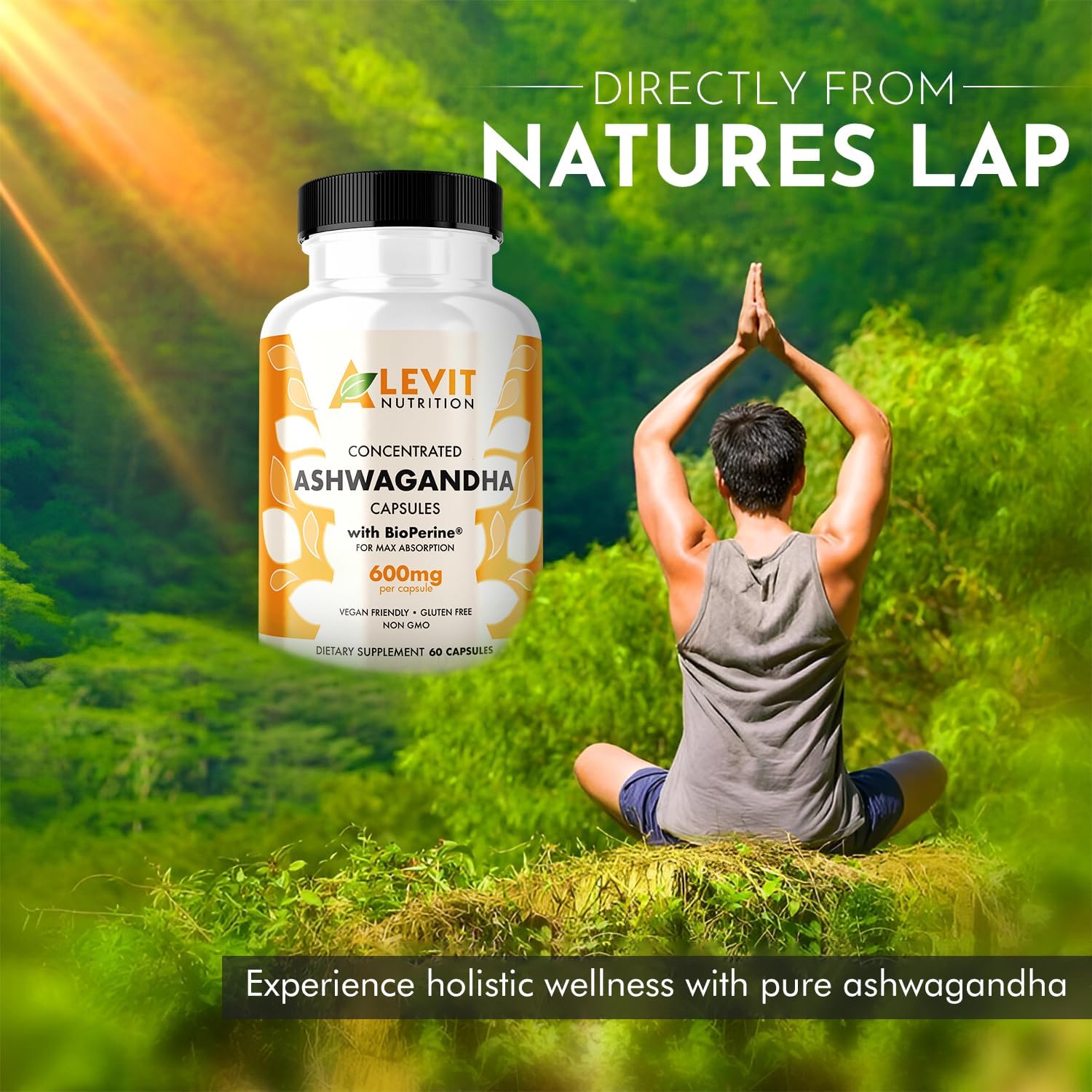 60 Count Organic Ashwagandha Capsules with BioPerine for Stress & Mood Support - Vegan - 2-Month Supply - Alevit Nutrition