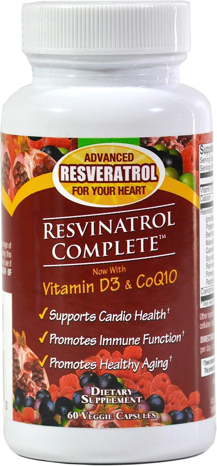 60 Count Resvinatrol Complete Capsules - Resveratrol Supplement for Healthy Aging, Heart Health, Immune Function - Quercetin, Grape Seed Extract, Vitamin D3, CoQ10