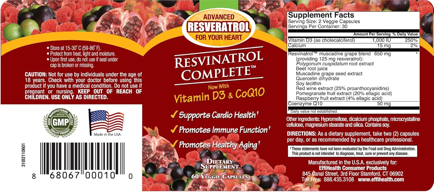 60 Count Resvinatrol Complete Capsules - Resveratrol Supplement for Healthy Aging, Heart Health, Immune Function - Quercetin, Grape Seed Extract, Vitamin D3, CoQ10