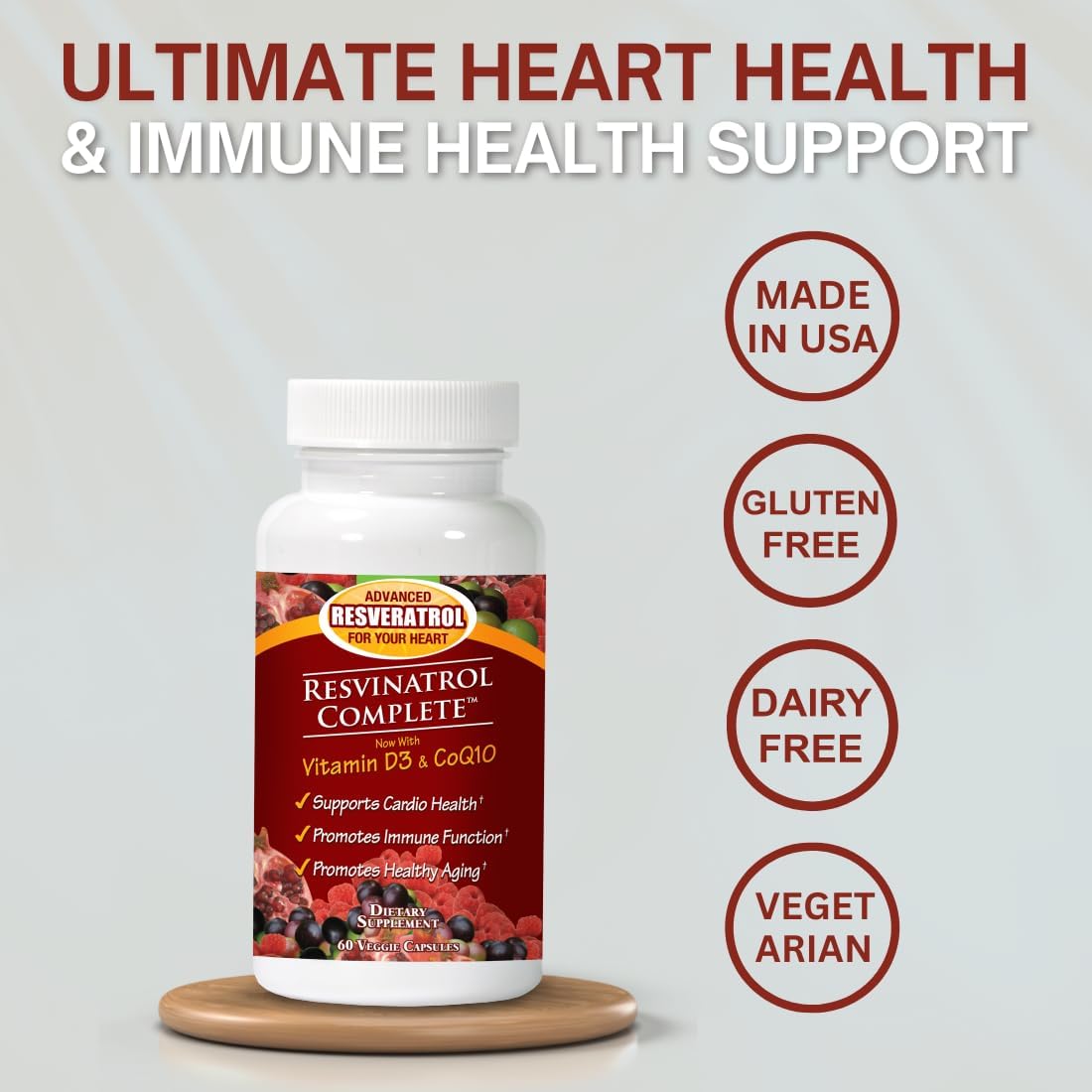 60 Count Resvinatrol Complete Capsules - Resveratrol Supplement for Healthy Aging, Heart Health, Immune Function - Quercetin, Grape Seed Extract, Vitamin D3, CoQ10